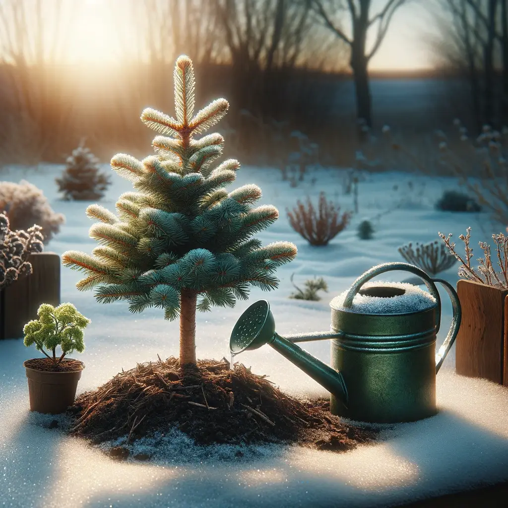 young tree in winter with a protective layer of mulch around its base